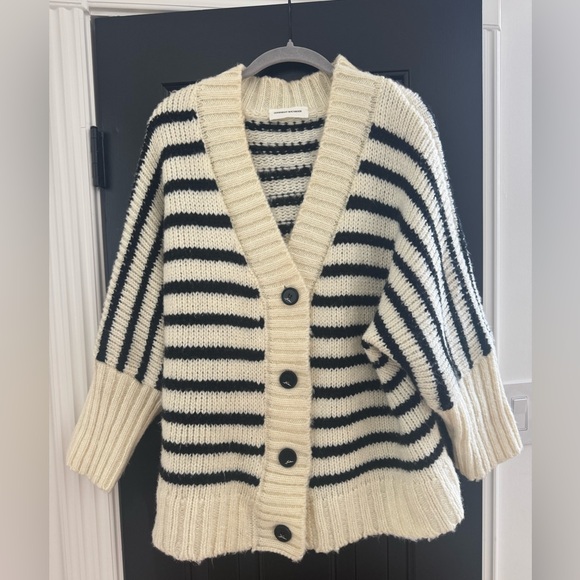 Goodnight Macaroon Black and Cream Striped Chunky Knit Cardigan - Picture 1 of 4